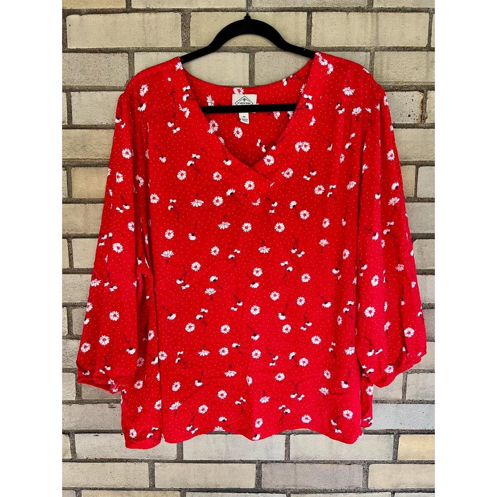 St Johns Bay Red Daisy Floral Polka Dot V-Neck Blouse Top Size 2X